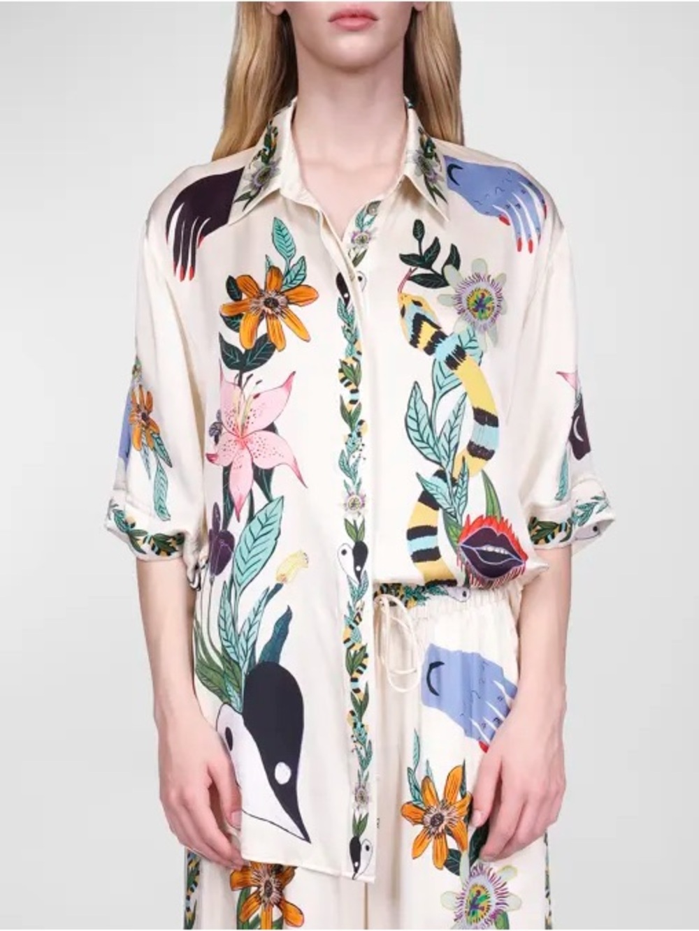Alemais Meagan Cream Floral & Multicolor Printed Silk Shirt and Pants Set